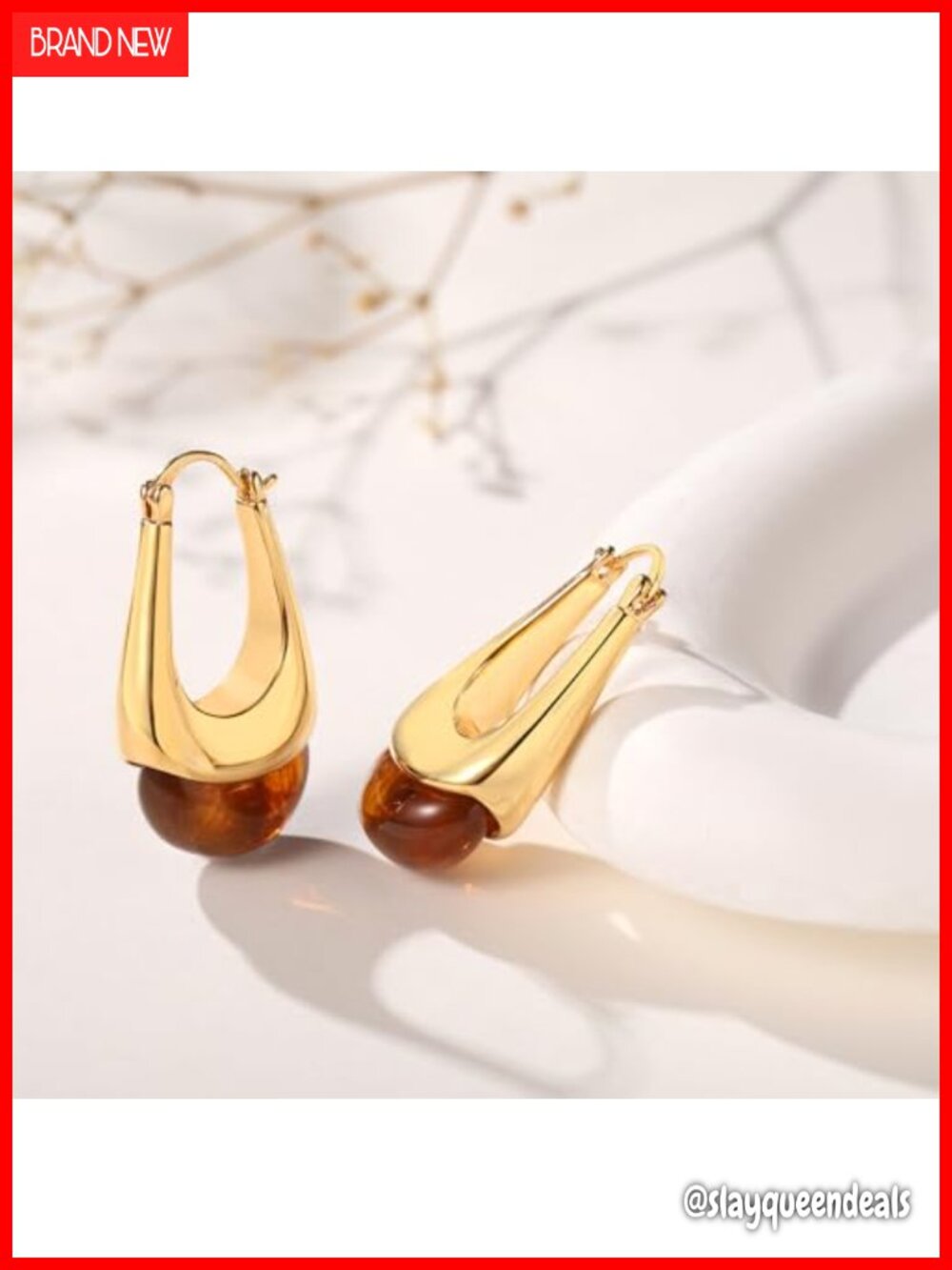 Vintage Chunky Gold Hoops Earrings, Resin Gemstone Drop Dangle - Picture 2 of 5